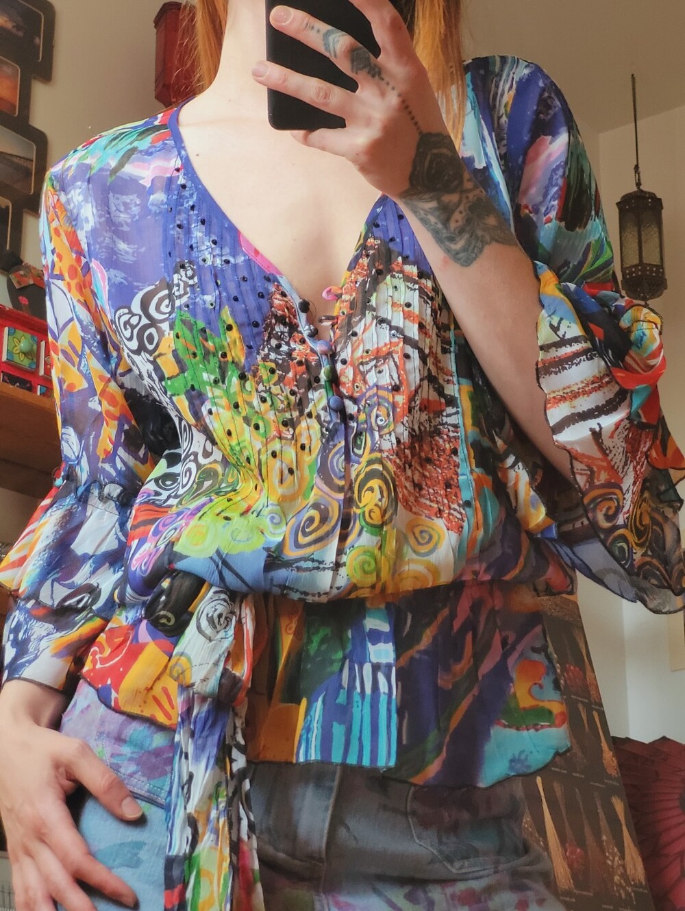 Alberto Makali Vintage Multicolor Abstract Print Waist Tie Blouse - S